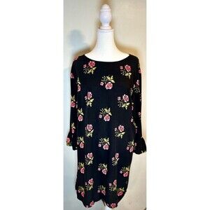Old Navy Dress Womens XL Black Pink Rose Floral Bell Sleeve Cottagecore Feminine